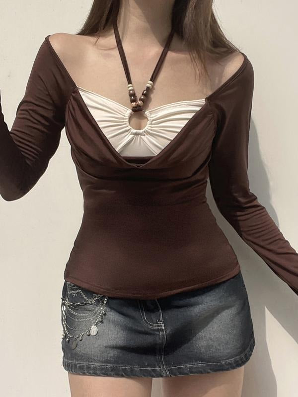 Women'WB shield Y2K Beaded Mock Neck Long Sleeve Top, Casual Fall Winter Basic Layering Tee, Vintage Straw hat pirates...