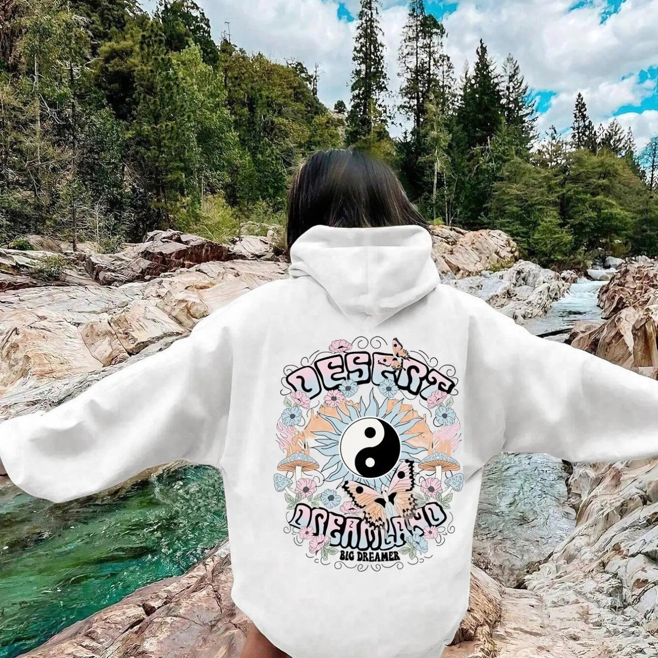 Women'WB shield Yin Yang & Letter Print Drop Shoulder TNF Lined Hoodie, Fashion Casual Drawstring Pocket Hooded...