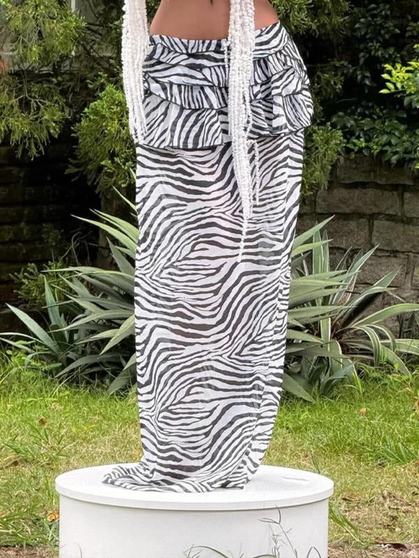 Women'WB shield Zebra Stripe Print Mesh Skirt, Fashion Casual Long Skirt for Daily Holiday Vacation Wear, Ladies Bottoms...