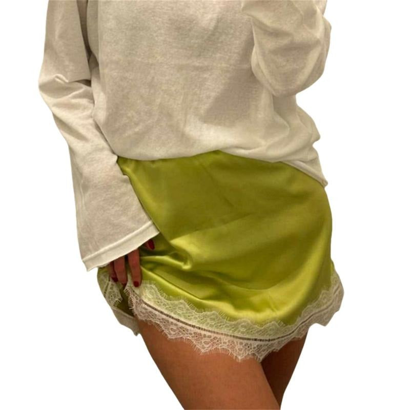Women Y2k Satin Silk Mini Skirt Low Rise Lace Trim Skirt A Line Silky Short Layered Underskirts Shirt Extender Hoodie,...