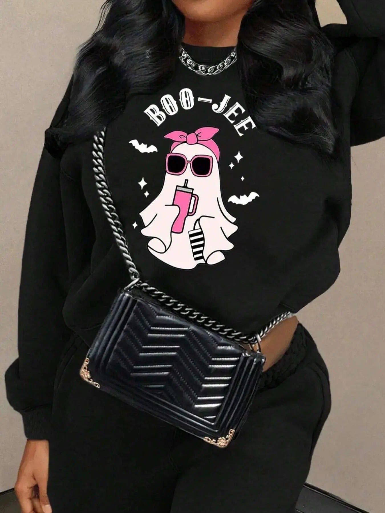 Women's   Cartoon Ghost & Letter Print Drop Shoulder Sweatshirt, Casual Long Sleeve Round Neck Pullover for Fall &...