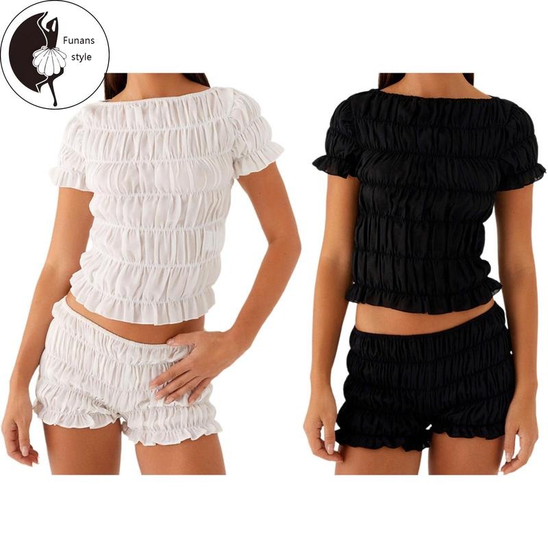 Women's 2 Piece Lounge Outfits Short Sleeve Boat Neck Ruched T-shirt Shorts Sets Hoodie, Sweatshirt | RetroVerseTees.com