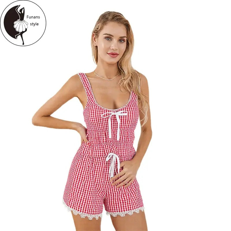 Women's 2 Piece Lounge Outfits Sleeveless U Neck Plaid Cami Tops Drawstring Shorts Sets T-Shirts, Hoodie, Sweatshirt