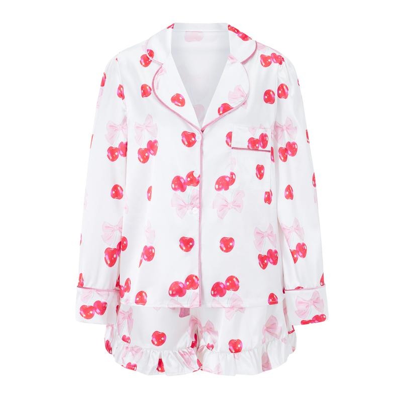 Women's 2 Piece Lounge Set Long Sleeve Lapel Bow Cherry Print Tops Shorts Sleepwear Sets T-Shirts, Hoodie, Sweatshirt