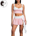 Women's 2 Piece Skirts Outfits Contrast Color Sleeveless Cami Tops Ruffles Mini Skirts Clothes Set T-Shirts, Hoodie,...