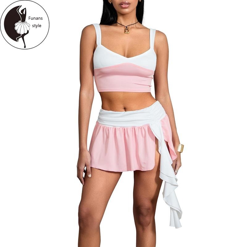 Women's 2 Piece Skirts Outfits Contrast Color Sleeveless Cami Tops Ruffles Mini Skirts Clothes Set T-Shirts, Hoodie,...