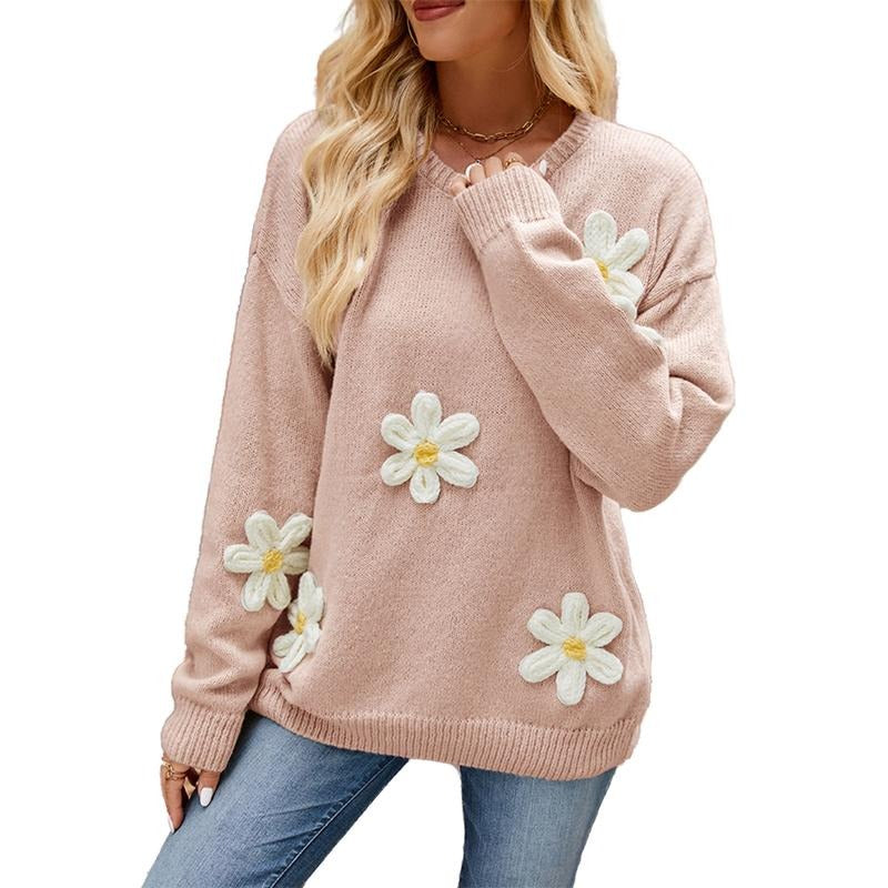 Women's 3D Flower Sweaters Fashion Long Sleeve Crew Neckline Loose Knit Pullover Tops T-Shirts, Hoodie, Sweatshirt