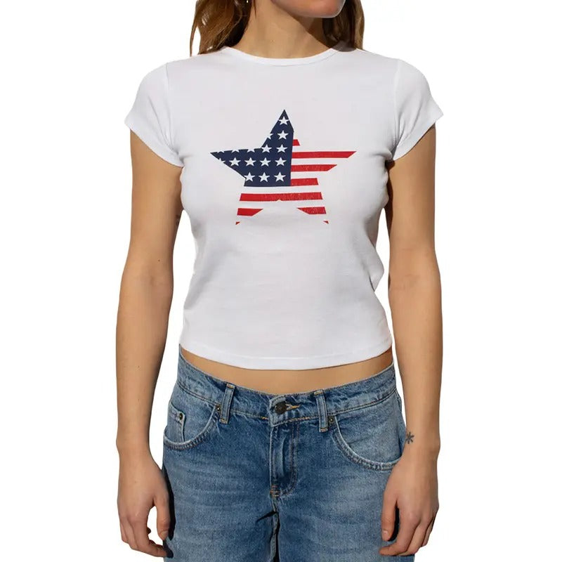 Women's 4th of July Tops Casual Slim Fit Star Print Round Neck Short Sleeve T-Shirt Lady Womenswear Polyester Underwear...