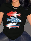 Women's American Flag & Fish Print Round Neck Tee, Casual Short Sleeve Crew Neck T-Shirt for Summer, Fashion Women's Top...