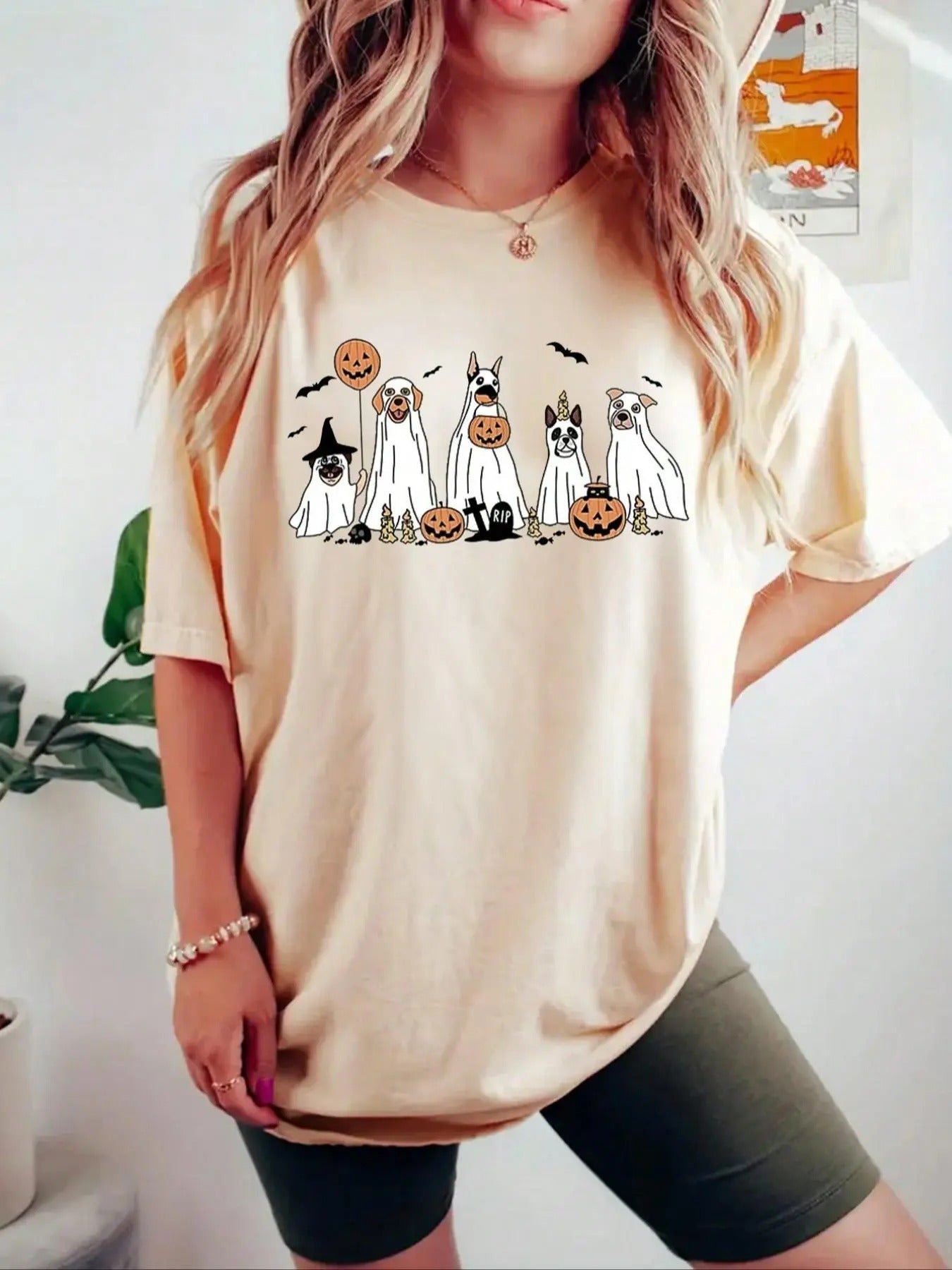 Women's Animal & Pumpkin Print Drop Shoulder Tee, Casual Half Sleeve Round Neck T-Shirt for Summer, Women's Top for Daily...