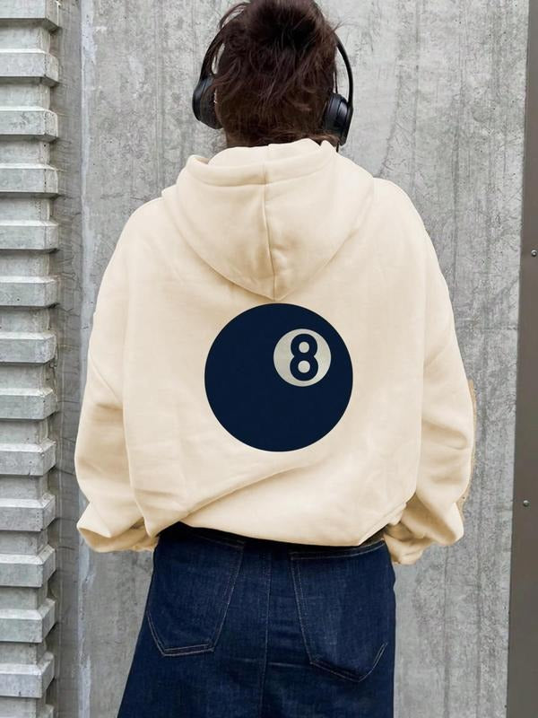 Women's Billiards & Number 8 Print Drop Shoulder Hoodie, Casual Drawstring Pocket Hooded Sweatshirt for Daily Holiday...