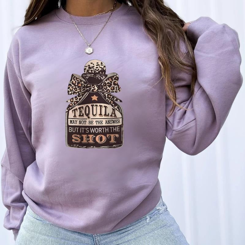 Women's Bow & Tequila Print Drop Shoulder Shirt Sweatshirt Hoodie | RetroVerseTees.com