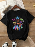 Women's Butterfly & Feather Print Round Neck Tee, Fashion Casual Crew Neck Short Sleeve T-Shirt for Daily Holiday...