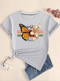 Women's Butterfly & Floral Print Round Neck Tee, Casual Letter Print Short Sleeve T-Shirt for Summer, Ladies Clothes for...