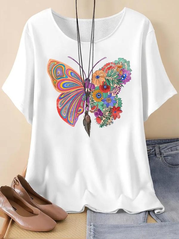 Women's Butterfly & Floral Print Round Neck Tee, Casual Short Sleeve Crew Neck T-Shirt for Summer, Fashion Women's Top...