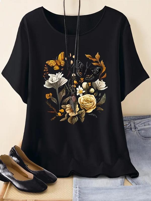 Women's Butterfly & Floral Print Round Neck Tee, Casual Short Sleeve T-Shirt for Summer, Ladies Clothes for Daily...