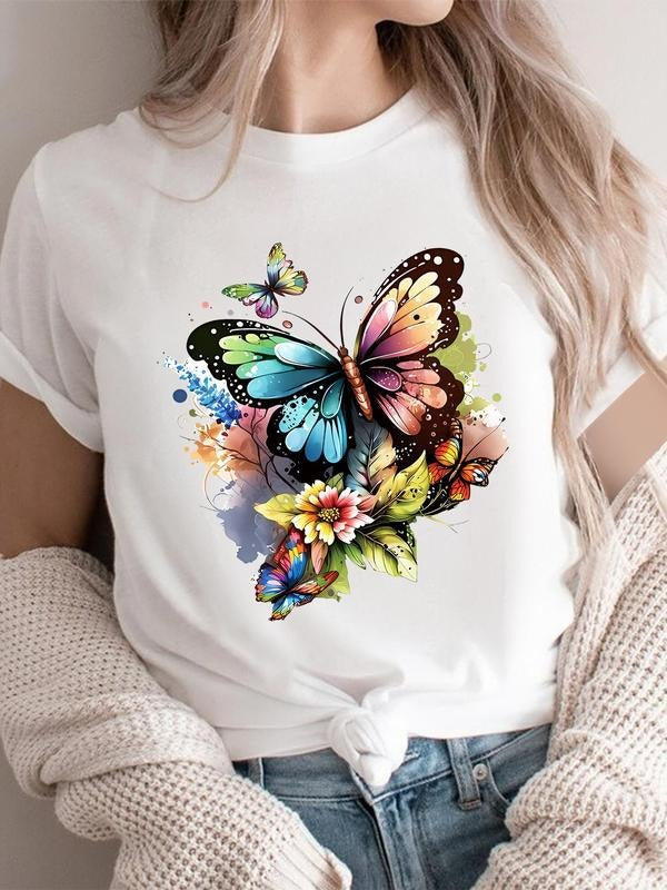 Women's Butterfly & Floral Print Round Neck Tee, Casual Short Sleeve T-shirt for Summer, Ladies Clothes for Daily Wear...