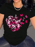 Women's Butterfly & Heart Print Round Neck Tee, Fashion Casual Crew Neck Short Sleeve T-shirt for Daily Holiday Vacation...