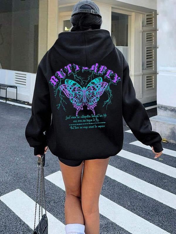 Women's Butterfly & Letter Print Hoodie, Fashion Casual Hooded Sweatshirt for Daily Holiday Outdoor Wear, Women Clothing...