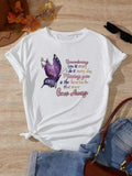 Women's Butterfly & Letter Print Round Neck Tee, Casual Crew Neck Short Sleeve T-shirt, Ladies Summer Outfit for Daily...