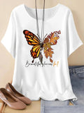 Women's Butterfly & Letter Print Round Neck Tee, Casual Short Sleeve Crew Neck T-shirt for Summer, Fashion Women's Top...