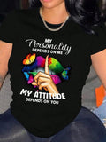 Women's Butterfly & Letter Print Round Neck Tee, Fashion Casual Crew Neck T-Shirt for Daily Holiday Vacation Outdoor...