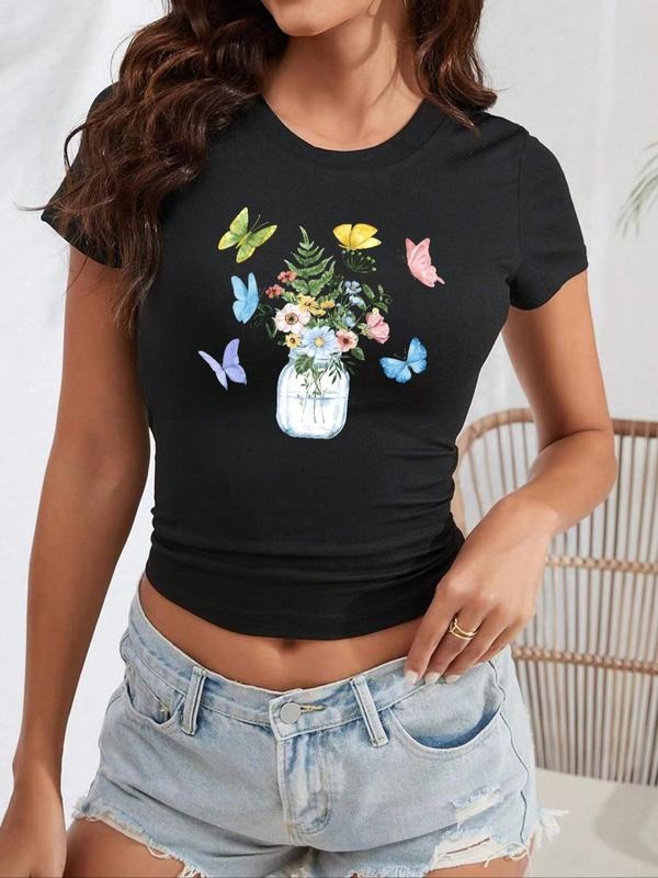 Women's Butterfly & Plants Print Round Neck Crop Tee, Fashion Casual Crew Neck Short Sleeve T-Shirt for Daily Holiday...