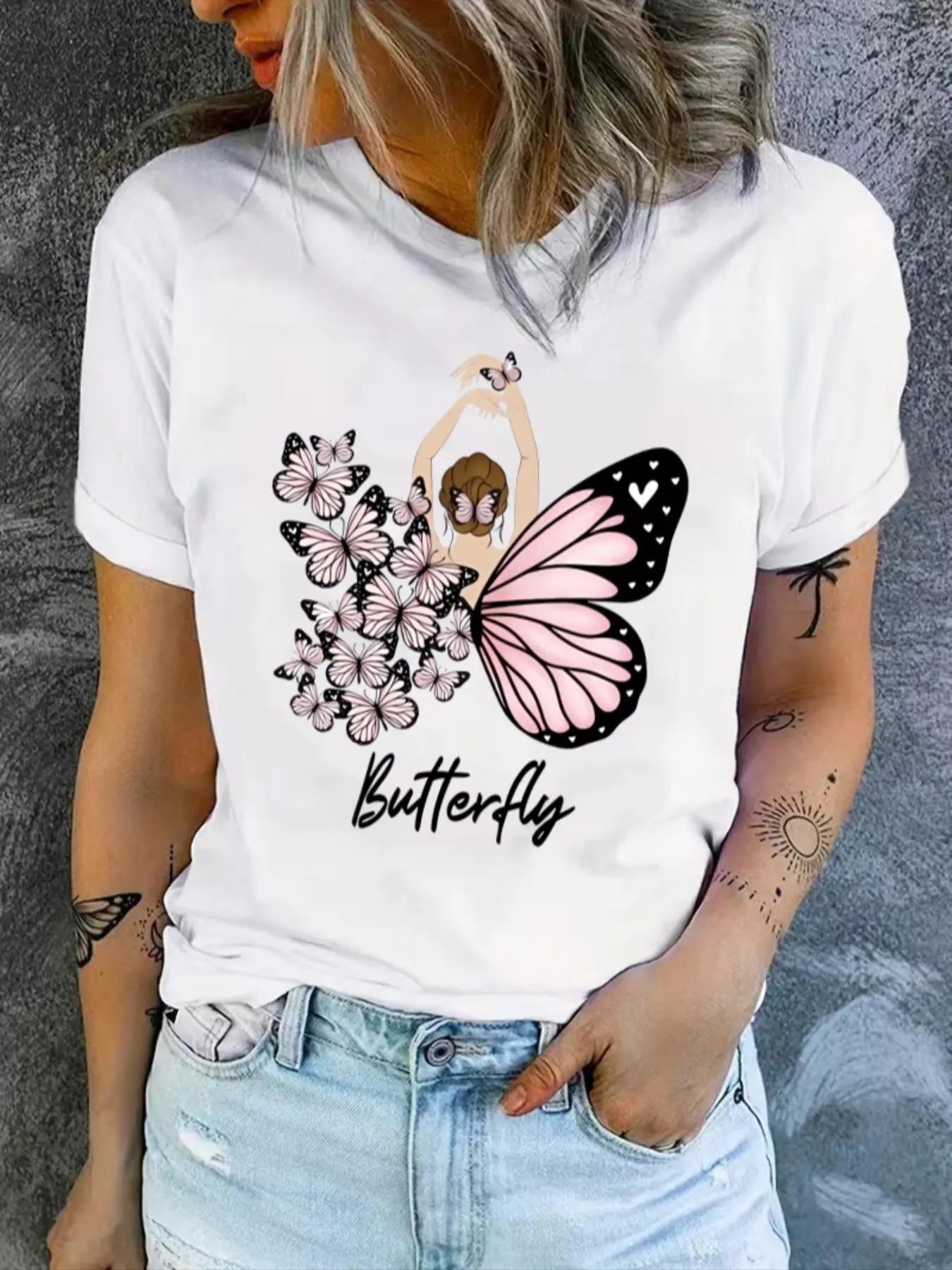 Women's Butterfly Figure Print Round Neck Tee, Casual Short Sleeve Letter Graphic T-shirt, Ladies Summer Clothes for...