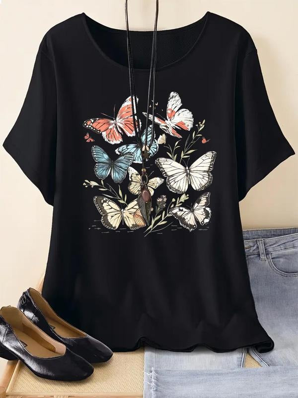 Women's Butterfly Print Round Neck Tee, Casual Short Sleeve Crew Neck T-Shirt for Summer, Fashion Women's Top for Daily...