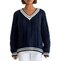 Women's Cable Knit Sweater Loose Contrast Trim V Neck Long Sleeve Pullover Tops for Fall Winter T-Shirts, Hoodie, Sweatshirt