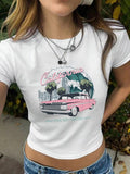 Women's Car & Letter Print Round Neck Crop Tee, Vintage Trendy Casual Short Sleeve T-shirt for Daily Wear, Ladies Summer...