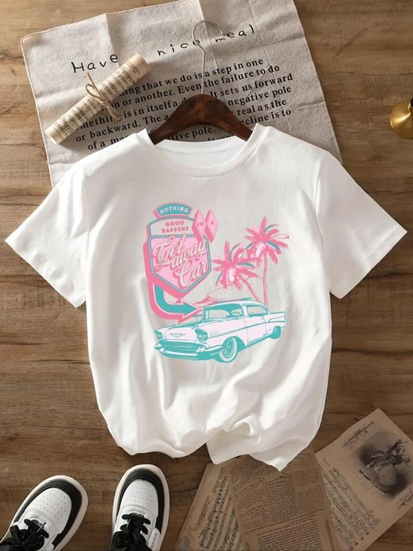 Women's Car & Letter Print Round Neck Tee, Trendy Casual Short Sleeve T-shirt for Daily Wear, Ladies Summer Outfit...