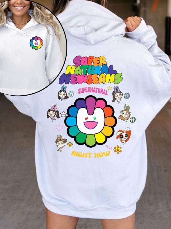 Women's Cartoon & Letter Print Drop Shoulder Hoodie, Fashion Casual Drawstring Pocket Hooded Sweatshirt for Daily Holiday...