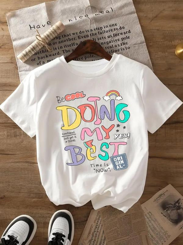 Women's Cartoon & Letter Print Round Neck Tee, Fashion Casual Crew Neck T-shirt for Daily Holiday Vacation Outdoor Wear,...
