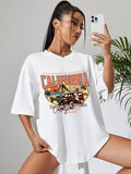 Women's Cartoon Car Graphic Print Round Neck Tee, Fashion Casual Drop Shoulder Short Sleeve T-shirt for Daily Wear,...