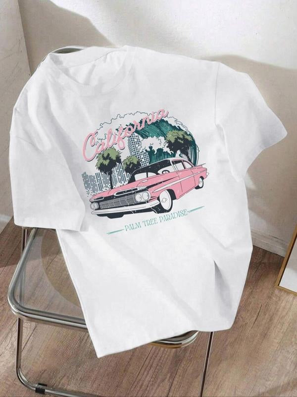 Women's Cartoon Car Graphic Print Round Neck Tee, Fashion Casual Short Sleeve T-shirt, Ladies Summer Clothes for Daily...