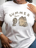 Women's Cartoon Cat & Letter Print Round Neck Tee, Fashion Casual Crew Neck T-Shirt for Daily Holiday Vacation Outdoor...