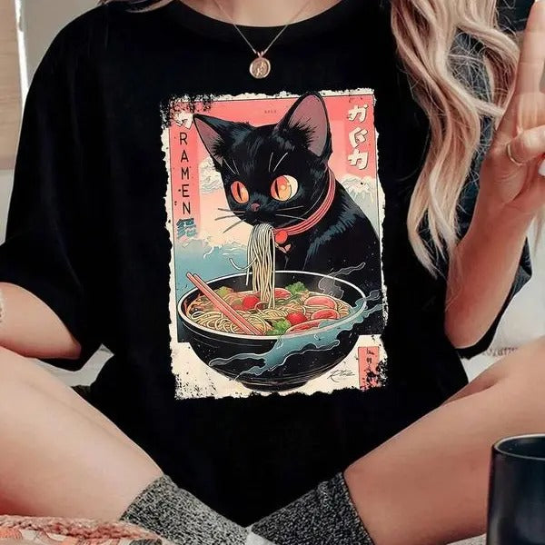 Women's Cartoon Cat & Ramen Print Round Neck Tee, Fashion Casual Drop Shoulder Short Sleeve T-shirt, Ladies Summer...