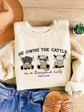 Women's Cartoon Cow & Letter  Print Crew Neck Sweatshirt, Casual Long Sleeve Pullover for Daily Wear, Ladies Summer...