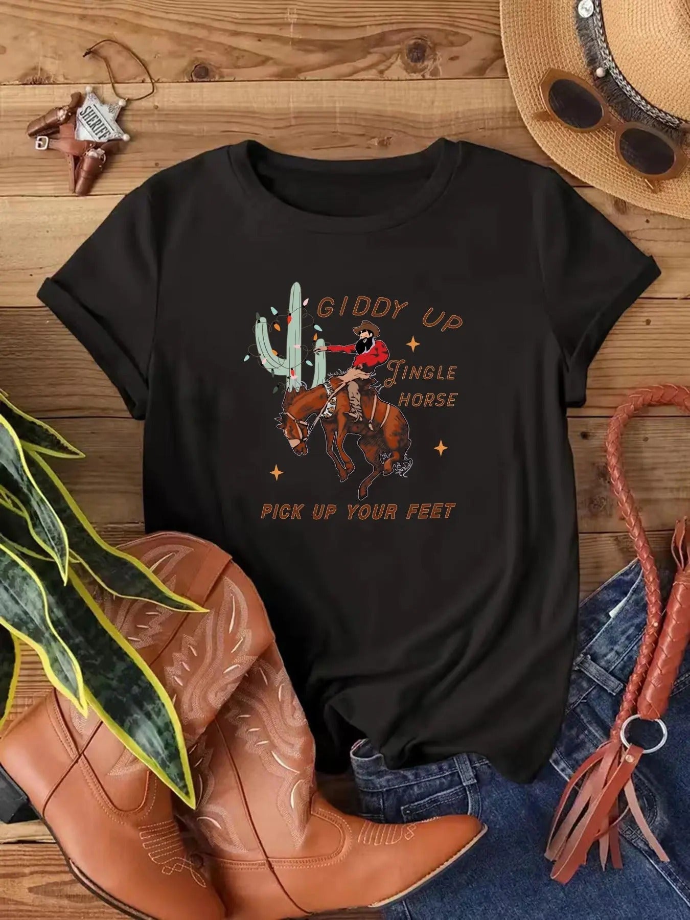 Women's Cartoon Cowboy Graphic Print Round Neck Tee, Fashion Casual Short Sleeve T-shirt, Ladies Summer Clothes for Daily...