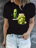 Women's Cartoon Cucumber Print Round Neck Tee, Fashion Casual Canned Pickle Short Sleeve T-shirt for Daily Outdoor Wear,...
