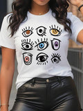 Women's Cartoon Eye Print Round Neck Tee, Fashion Casual Short Sleeve T-shirt for Daily Wear, Ladies Clothes for All...