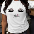 Women's Cartoon Eyelash & Letter Print Round Neck Tee, Fashion Casual Crew Neck T-Shirt for Daily Holiday Vacation...