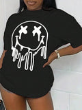Women's Cartoon Face Print Round Neck Tee, Fitted Trendy Casual Short Sleeve T-Shirt for Daily Holiday Outdoor Wear,...