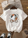 Women's Cartoon Ghost Print Round Neck Tee, Casual Short Sleeve Crew Neck T-shirt for All Seasons, Fashion Women's Top...