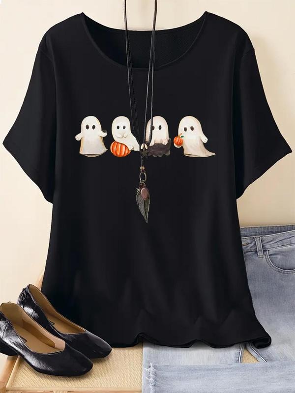 Women's Cartoon Ghost Print Round Neck Tee, Cute Drop Shoulder Short Sleeve T-shirt for Summer, Fashion Women's Top for...