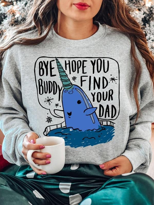 Women's Cartoon Whale & Letter Print Drop Shoulder Sweatshirt, Casual Long Sleeve Round Neck Pullover for Fall & Winter,...
