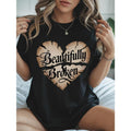 Women's Casual Crewneck T-Shirt with Beautiful Broken Heart Print Shirt, Perfect for Daily Wear, Back to School Outfits...