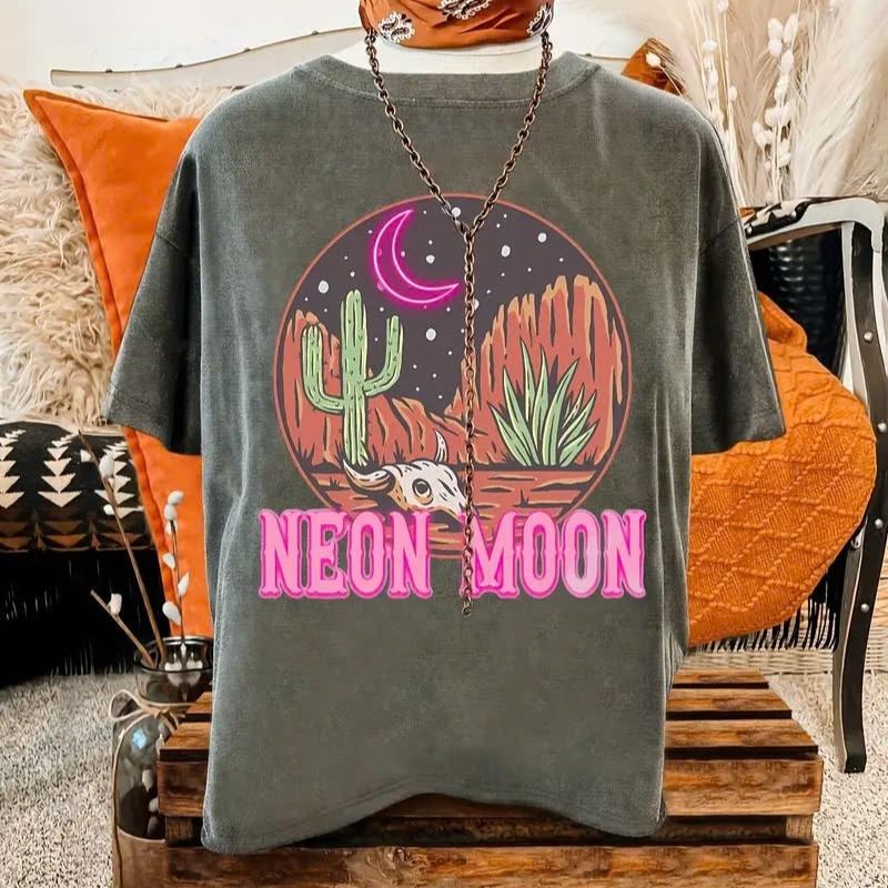 Women's Casual Neon Moon Graphic Tee Cotton Fabric Hoodie, Sweatshirt | RetroVerseTees.com