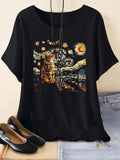 Women's Cat & Starry Night Print Round Neck Tee, Casual Short Sleeve Crew Neck T-Shirt for Summer, Fashion Women's Top...